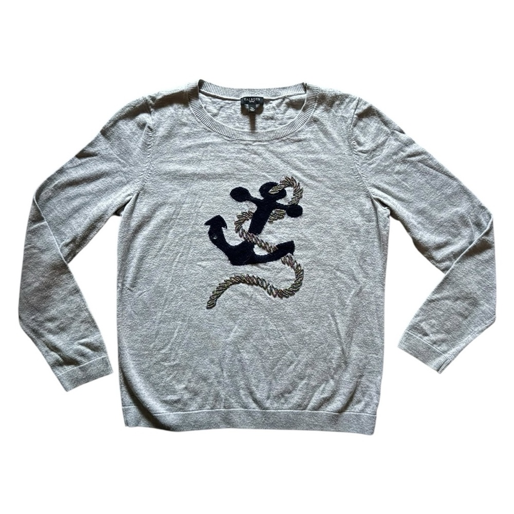 Talbots Lightweight Pullover Gray Nautical Anchor Sweater Beaded Rope Medium P
